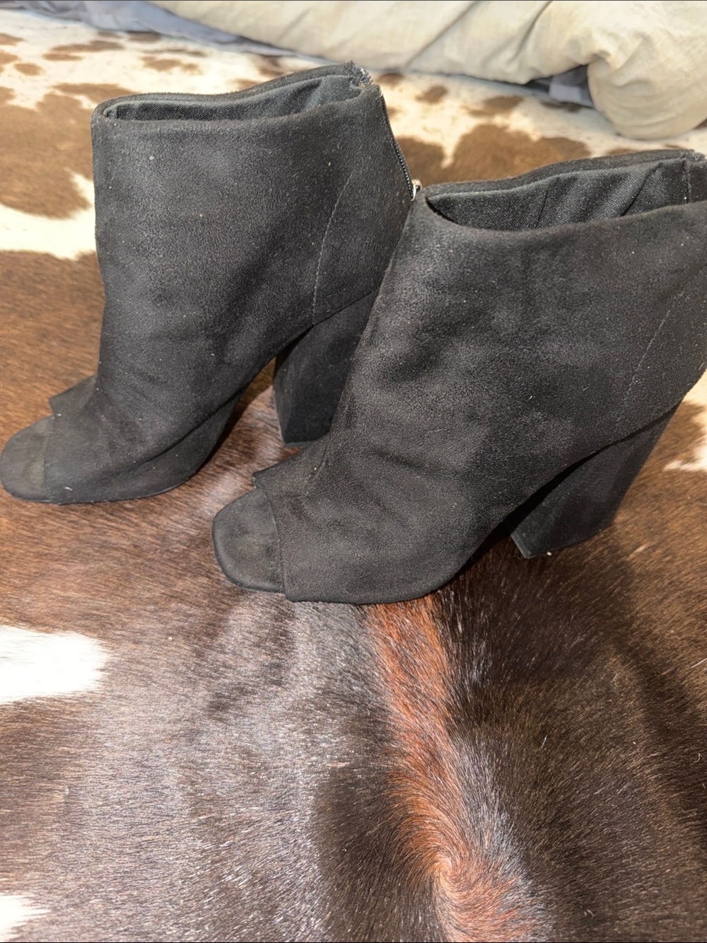 Qupid Black Suede Peep-Toe Block Heel Ankle Booties